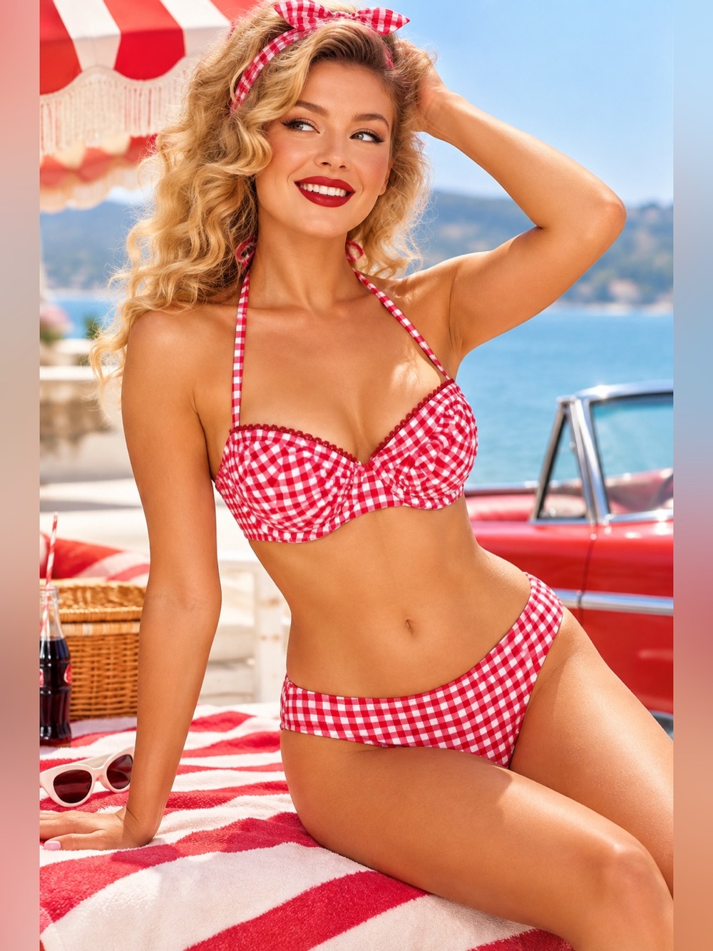 Shoshanna Red White Gingham Underwire Halter Bikini Set Size Medium
